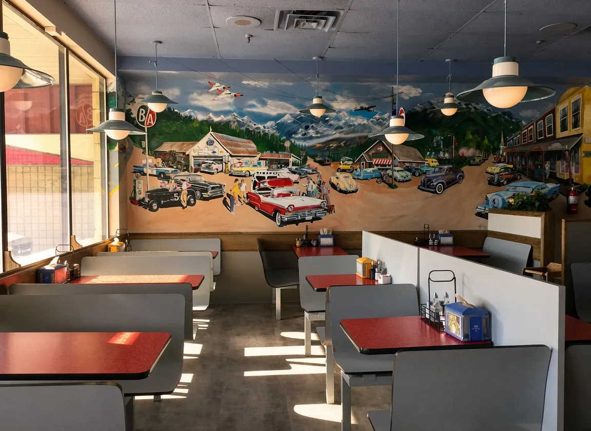 Diner-style dining room with a classic car mural at Golden Fish & Chips, Hamilton